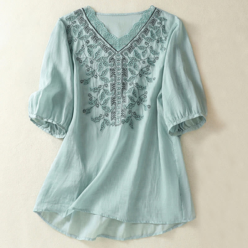 Buddha Stones刺繍レースカジュアルレディースコットンリネン半袖Tシャツ - ライトスカイブルー - US8-10，UK/AU12-14，EU40-42 (2XL) - image 8