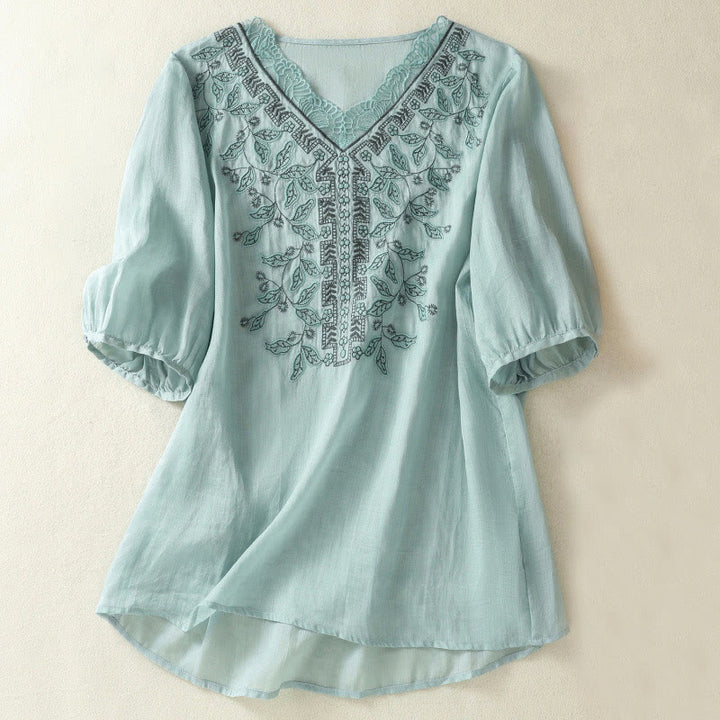 Buddha Stones刺繍レースカジュアルレディースコットンリネン半袖Tシャツ - ライトスカイブルー - US8-10，UK/AU12-14，EU40-42 (2XL) - image 8