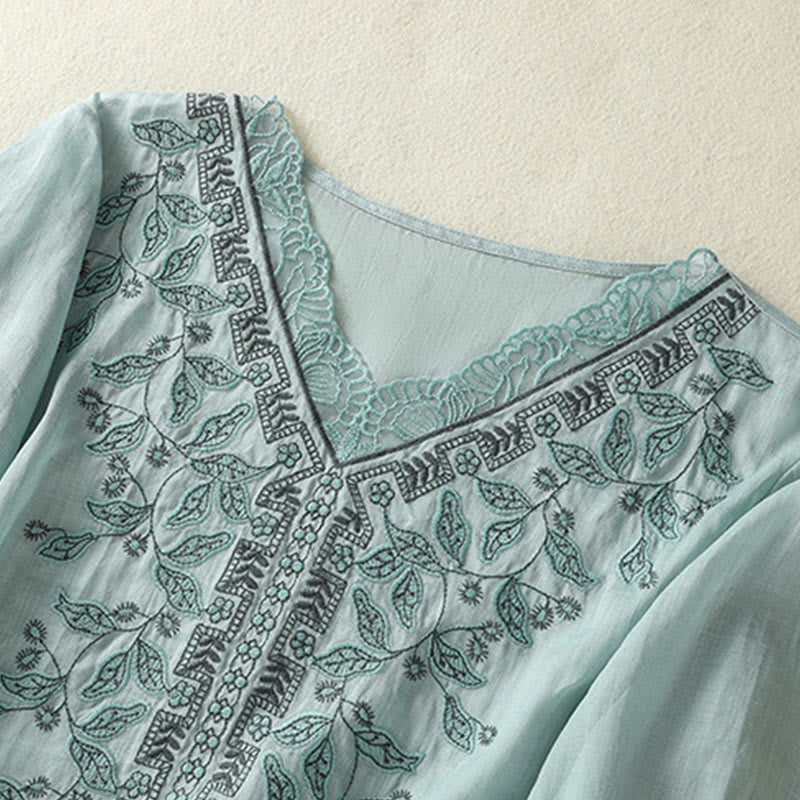 Buddha Stones刺繍レースカジュアルレディースコットンリネン半袖Tシャツ - image 14