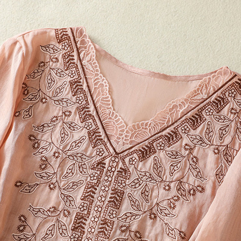 Buddha Stones刺繍レースカジュアルレディースコットンリネン半袖Tシャツ - image 27
