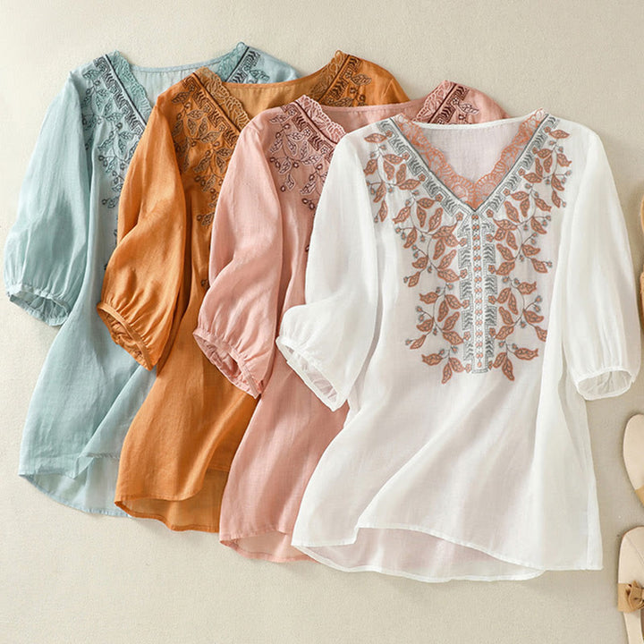 Buddha Stones刺繍レースカジュアルレディースコットンリネン半袖Tシャツ - image 36