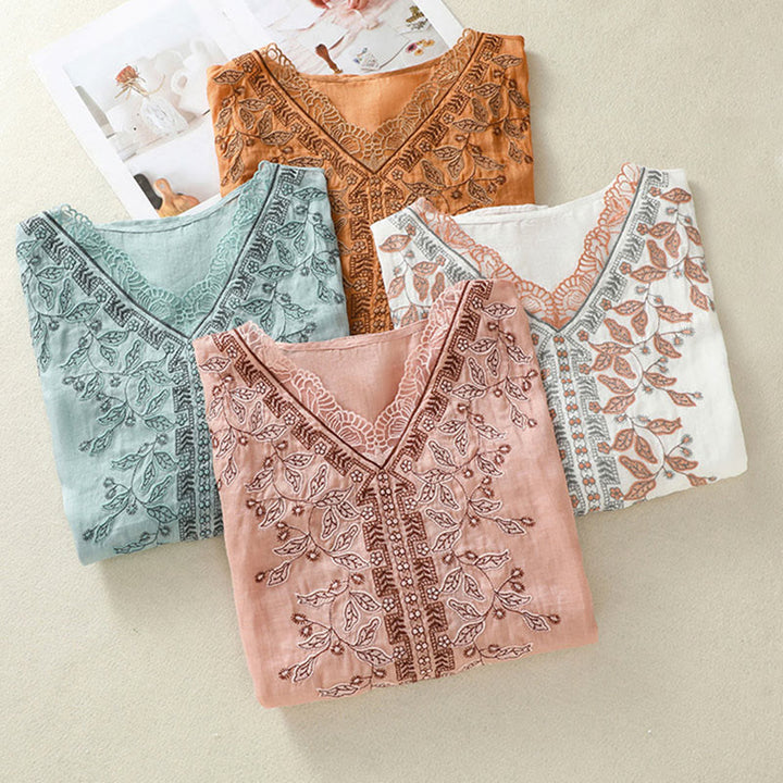 Buddha Stones刺繍レースカジュアルレディースコットンリネン半袖Tシャツ - image 36