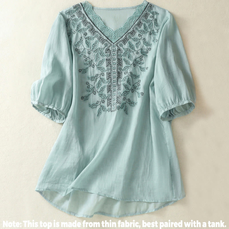 Buddha Stones刺繍レースカジュアルレディースコットンリネン半袖Tシャツ - image 9