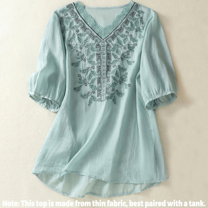 Buddha Stones刺繍レースカジュアルレディースコットンリネン半袖Tシャツ - image 9