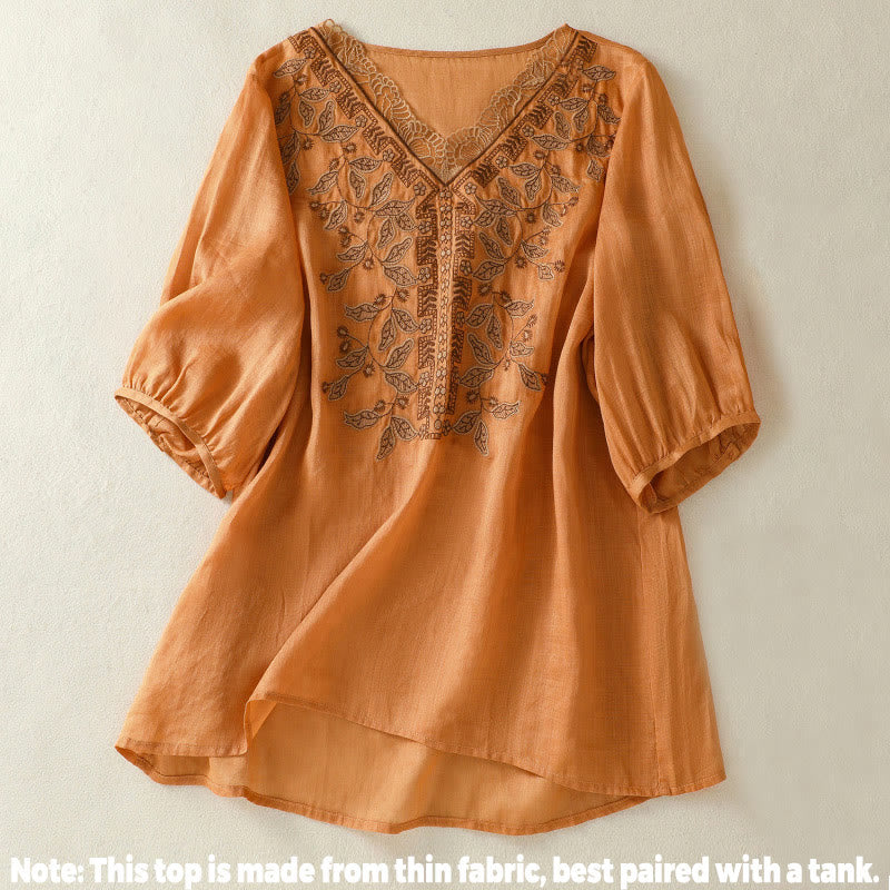 Buddha Stones刺繍レースカジュアルレディースコットンリネン半袖Tシャツ - image 1