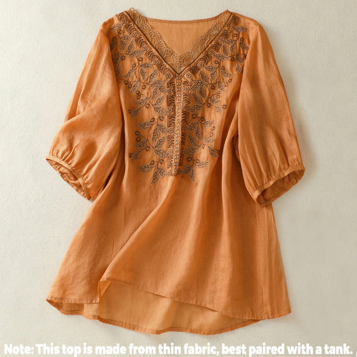 Buddha Stones刺繍レースカジュアルレディースコットンリネン半袖Tシャツ - image 1
