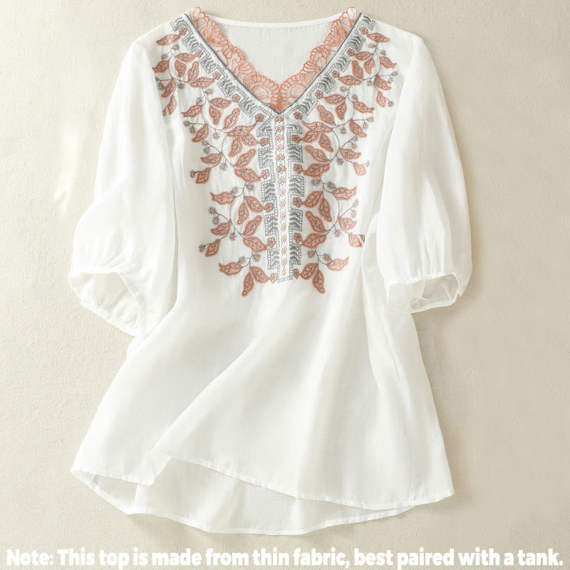 Buddha Stones刺繍レースカジュアルレディースコットンリネン半袖Tシャツ - image 31