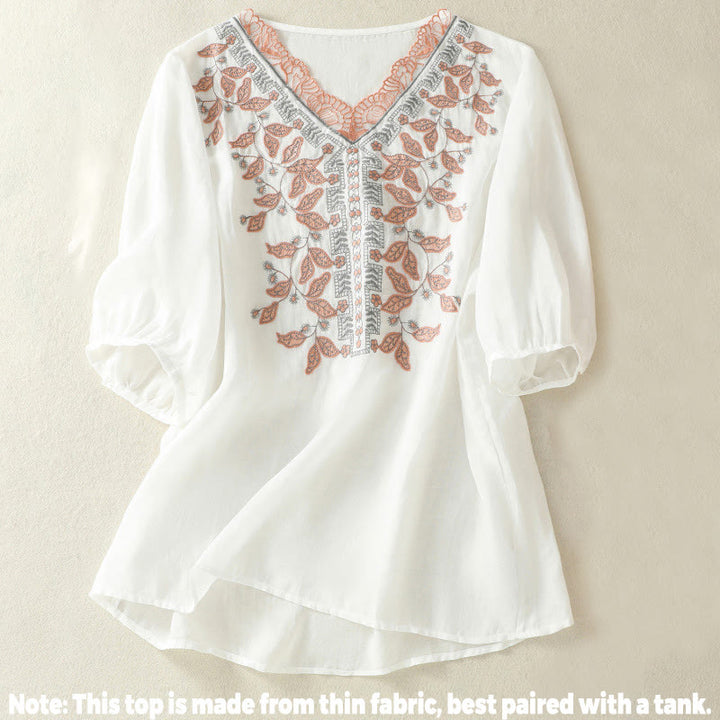 Buddha Stones刺繍レースカジュアルレディースコットンリネン半袖Tシャツ - image 31