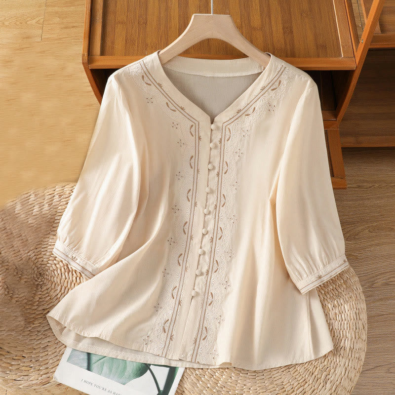 Buddha Stonesの対称刺繍コットンレディースVネックシャツ - オールドレース - US12、 UK/AU16、 EU44 (2XL) - image 1