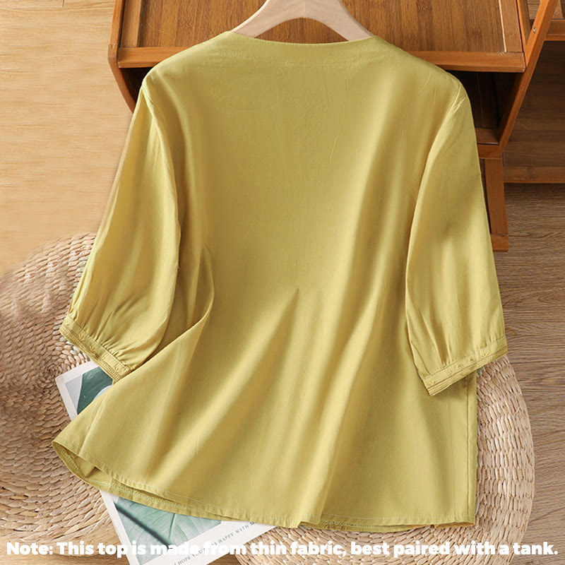 Buddha Stonesの対称刺繍コットンレディースVネックシャツ - image 15