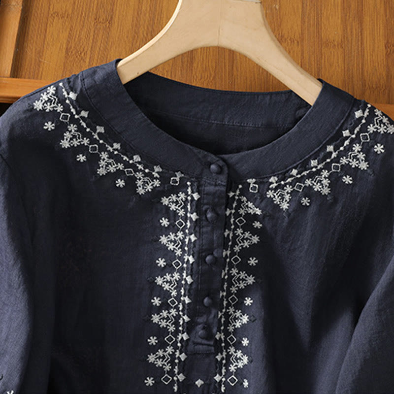 Buddha Stonesシンメトリー刺繍 コットン レディース クルーネック シャツ - image 4