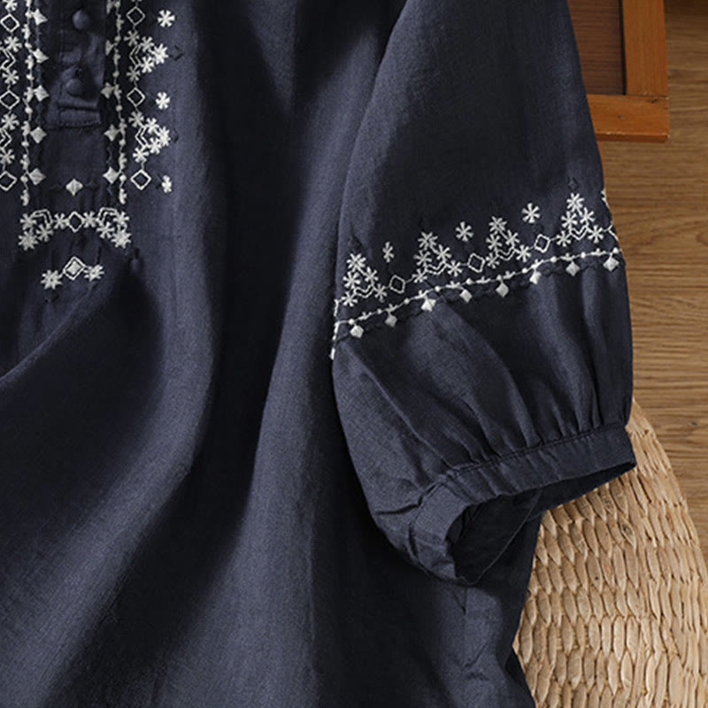 Buddha Stonesシンメトリー刺繍 コットン レディース クルーネック シャツ - image 3