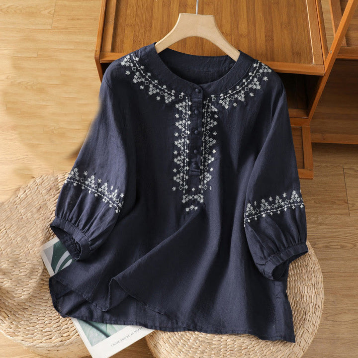 Buddha Stonesシンメトリー刺繍 コットン レディース クルーネック シャツ - ミッドナイトブルー - US14、 UK/AU18、 EU46 (2XL) - image 1