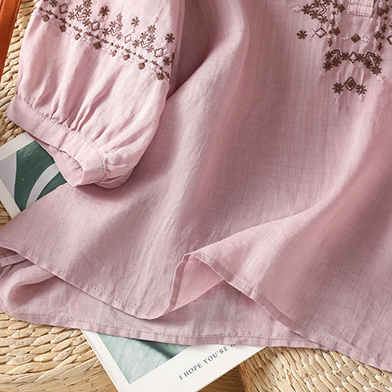 Buddha Stonesシンメトリー刺繍 コットン レディース クルーネック シャツ - image 11
