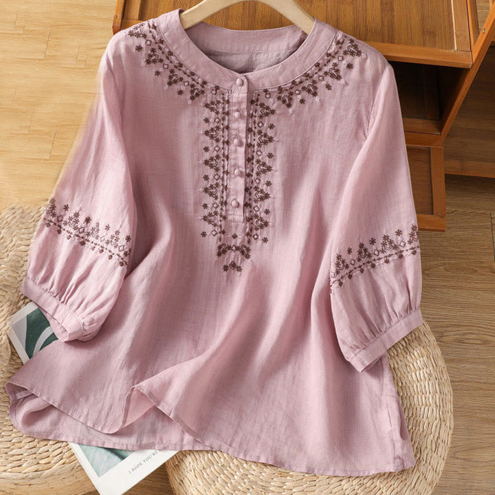 Buddha Stonesシンメトリー刺繍 コットン レディース クルーネック シャツ - 梅 - US14、 UK/AU18、 EU46 (2XL) - image 7