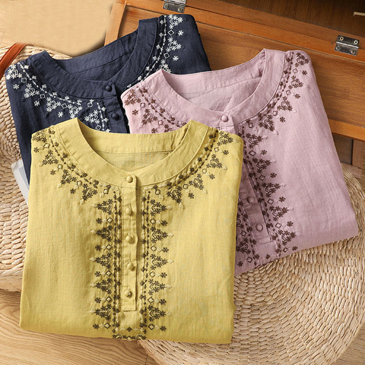 Buddha Stonesシンメトリー刺繍 コットン レディース クルーネック シャツ - image 24