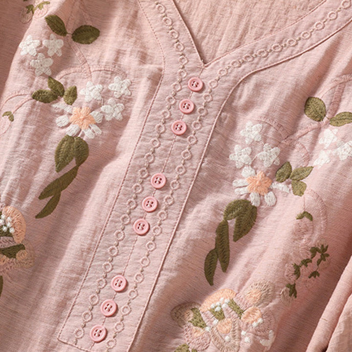 Buddha Stones刺繍の花と葉のコットンレディースVネックシャツ - image 6