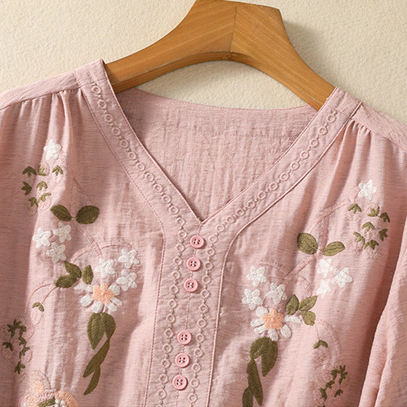 Buddha Stones刺繍の花と葉のコットンレディースVネックシャツ - image 3