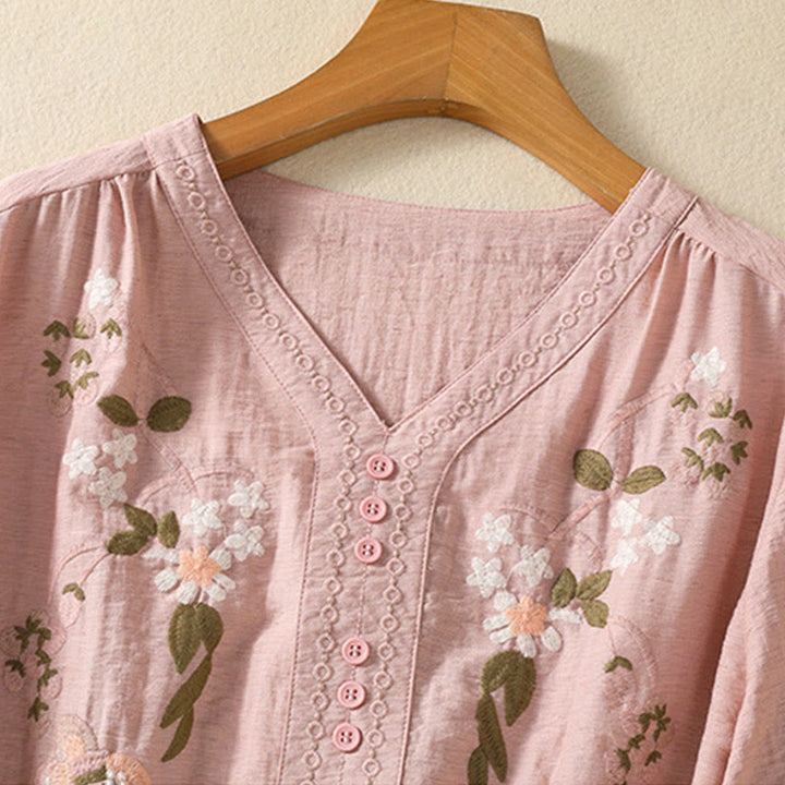 Buddha Stones刺繍の花と葉のコットンレディースVネックシャツ - image 3