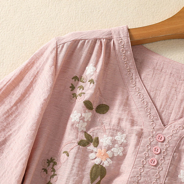 Buddha Stones刺繍の花と葉のコットンレディースVネックシャツ - image 5
