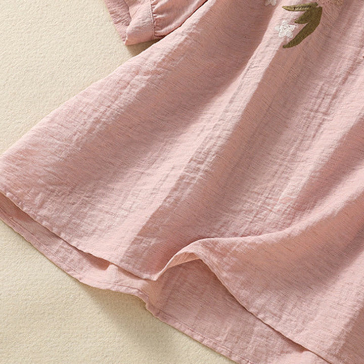 Buddha Stones刺繍の花と葉のコットンレディースVネックシャツ - image 9