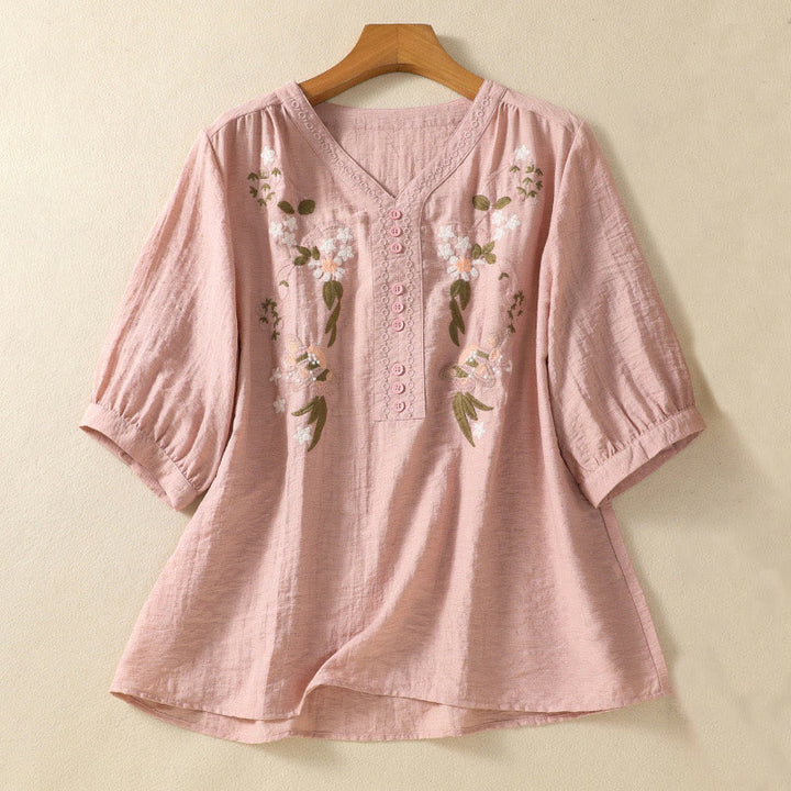 Buddha Stones刺繍の花と葉のコットンレディースVネックシャツ - ピンク - US14、 UK/AU18、 EU46 (2XL) - image 1