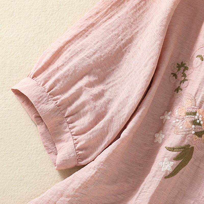 Buddha Stones刺繍の花と葉のコットンレディースVネックシャツ - image 7