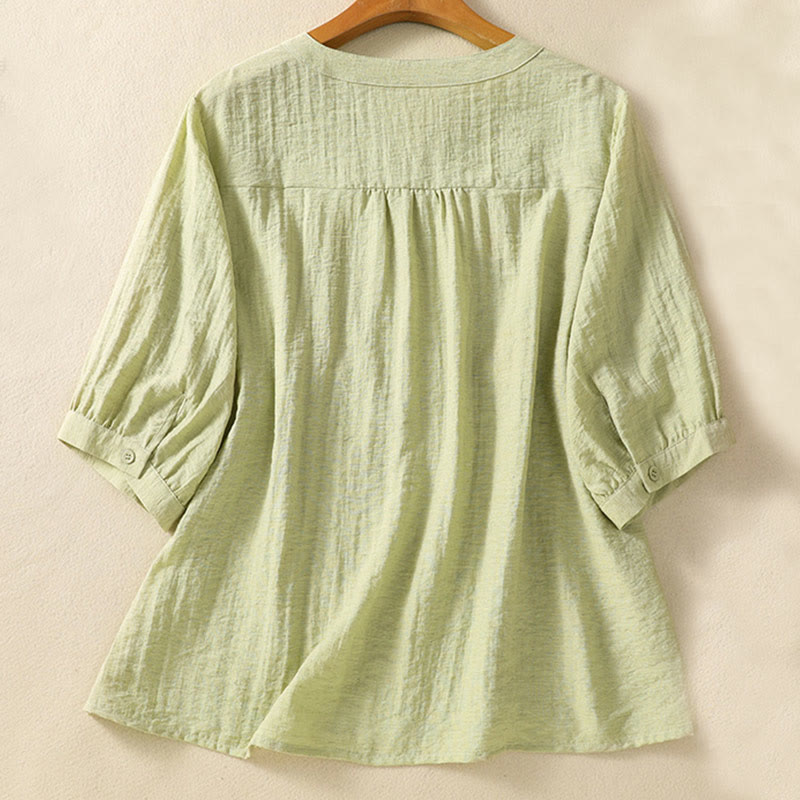 Buddha Stones刺繍の花と葉のコットンレディースVネックシャツ - image 12