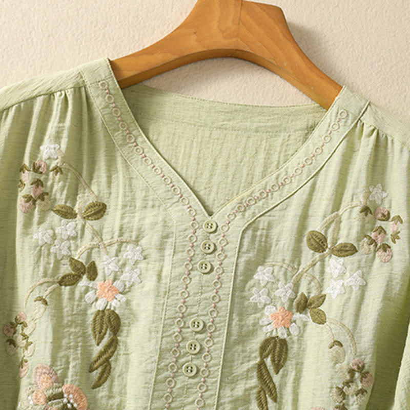 Buddha Stones刺繍の花と葉のコットンレディースVネックシャツ - image 13