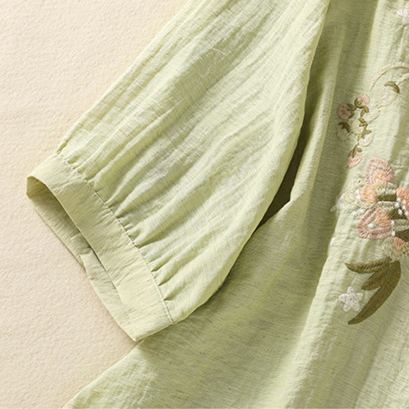 Buddha Stones刺繍の花と葉のコットンレディースVネックシャツ - image 17
