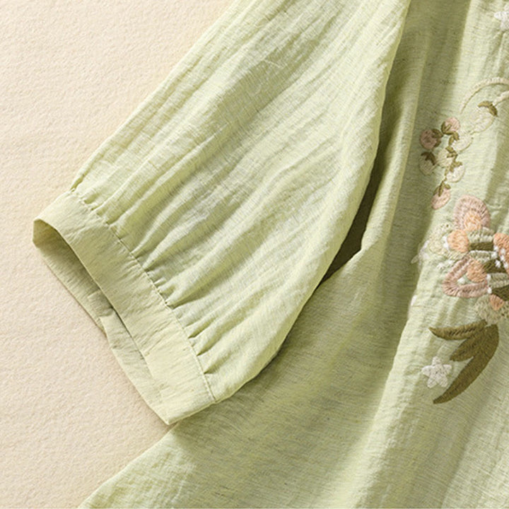 Buddha Stones刺繍の花と葉のコットンレディースVネックシャツ - image 17