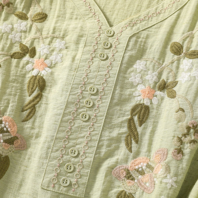 Buddha Stones刺繍の花と葉のコットンレディースVネックシャツ - image 16