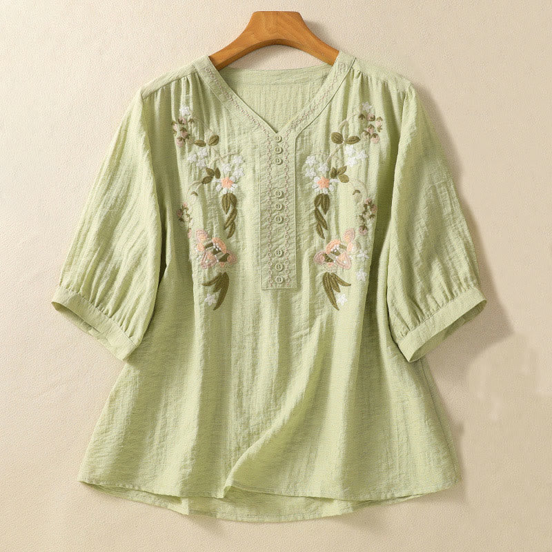 Buddha Stones刺繍の花と葉のコットンレディースVネックシャツ - ライトグリーン - US14、 UK/AU18、 EU46 (2XL) - image 11