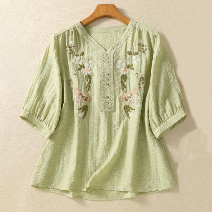 Buddha Stones刺繍の花と葉のコットンレディースVネックシャツ - ライトグリーン - US14、 UK/AU18、 EU46 (2XL) - image 11