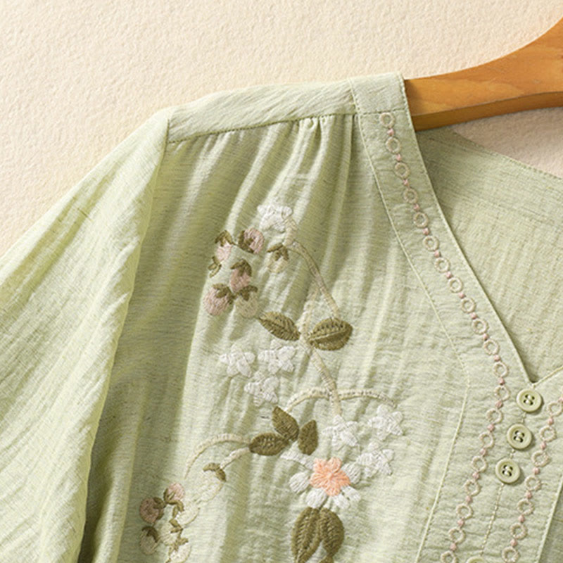 Buddha Stones刺繍の花と葉のコットンレディースVネックシャツ - image 15