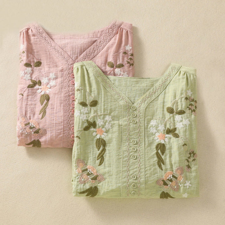 Buddha Stones刺繍の花と葉のコットンレディースVネックシャツ - image 21