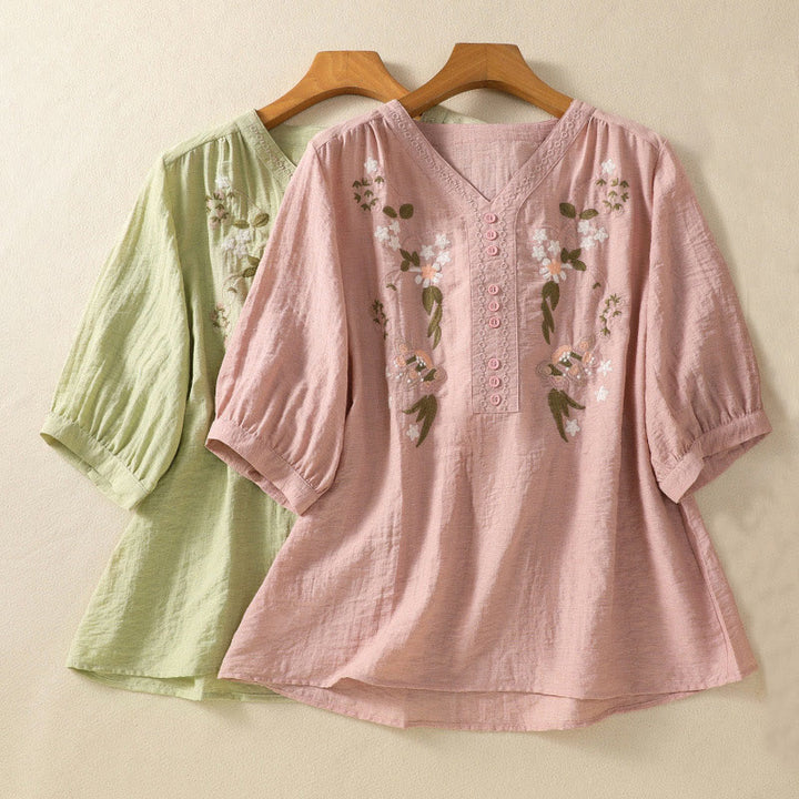 Buddha Stones刺繍の花と葉のコットンレディースVネックシャツ - image 20