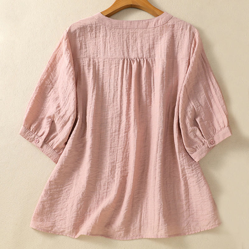 Buddha Stones刺繍の花と葉のコットンレディースVネックシャツ - image 2