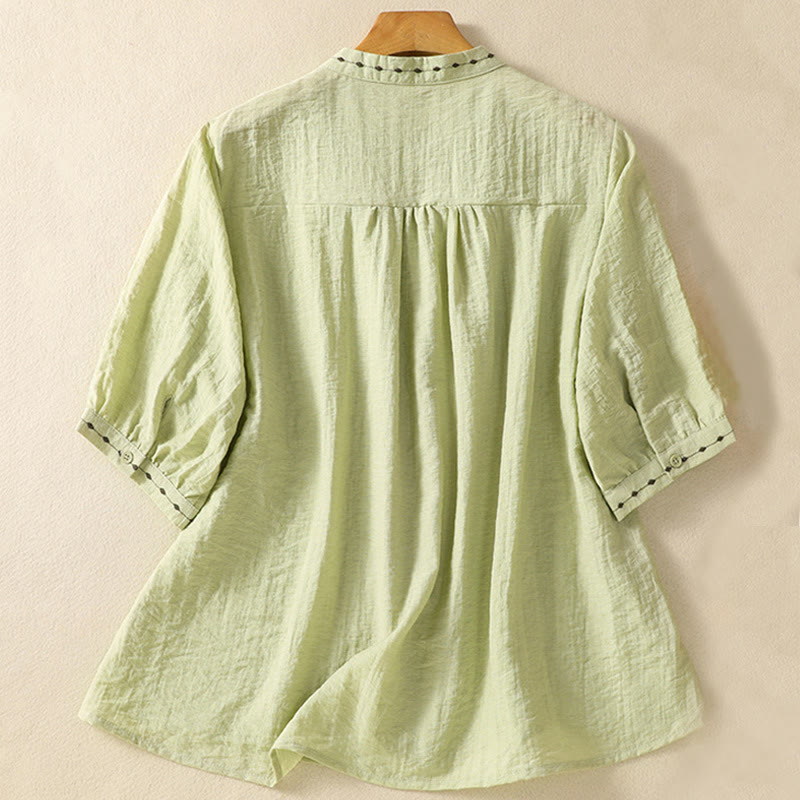 Buddha Stones刺繍デザインコットンボタンレディースクルーネックシャツ - image 2