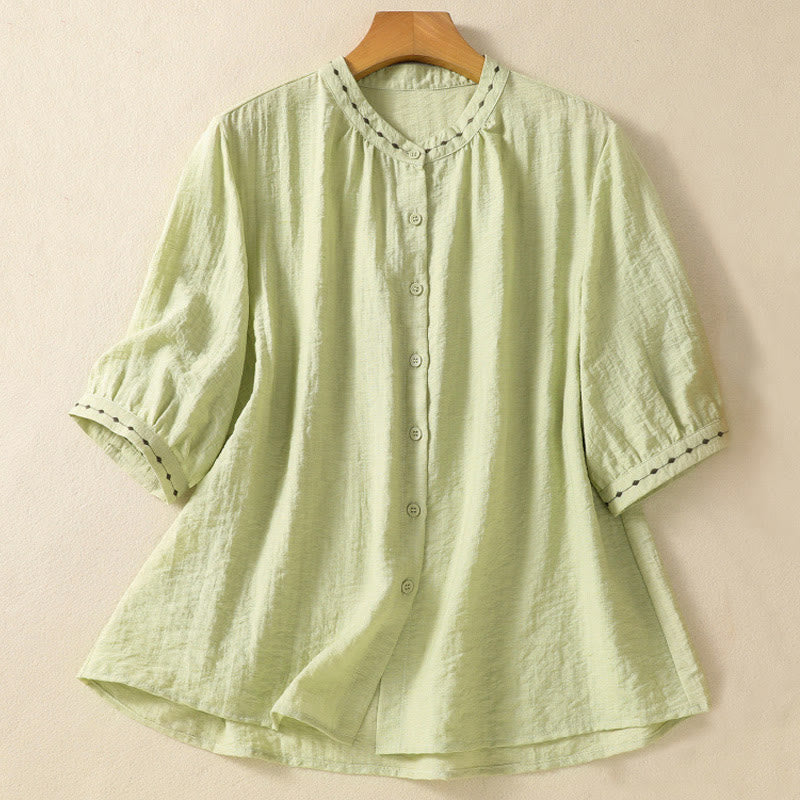Buddha Stones刺繍デザインコットンボタンレディースクルーネックシャツ - ライトグリーン - US14、 UK/AU18、 EU46 (2XL) - image 1