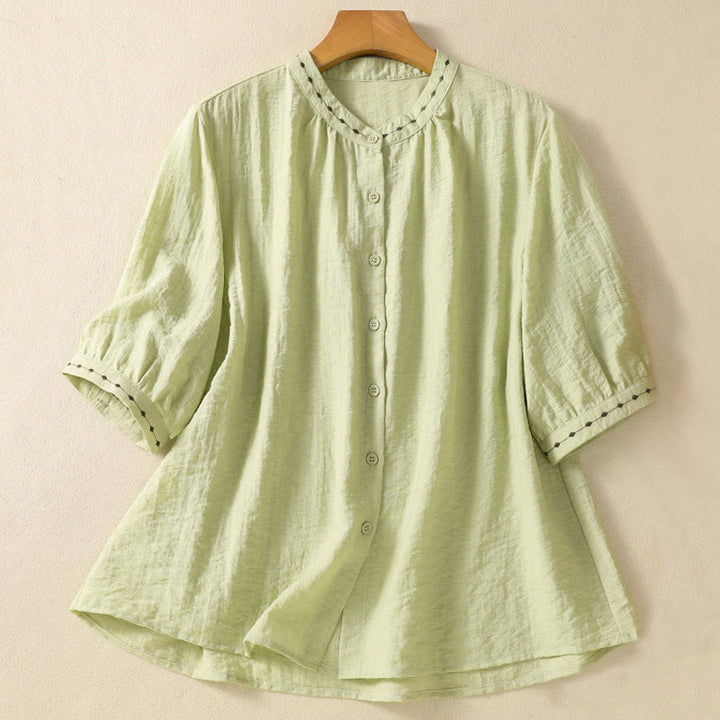Buddha Stones刺繍デザインコットンボタンレディースクルーネックシャツ - ライトグリーン - US14、 UK/AU18、 EU46 (2XL) - image 1