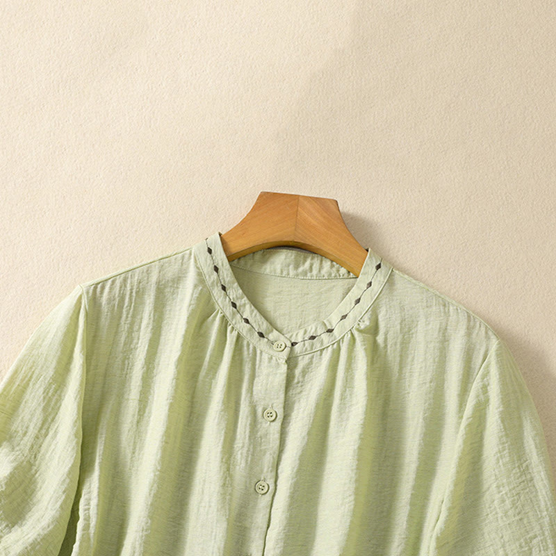Buddha Stones刺繍デザインコットンボタンレディースクルーネックシャツ - image 3