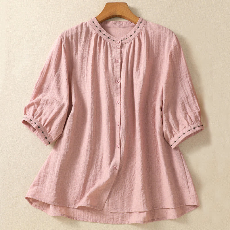 Buddha Stones刺繍デザインコットンボタンレディースクルーネックシャツ - ピンク - US14、 UK/AU18、 EU46 (2XL) - image 10