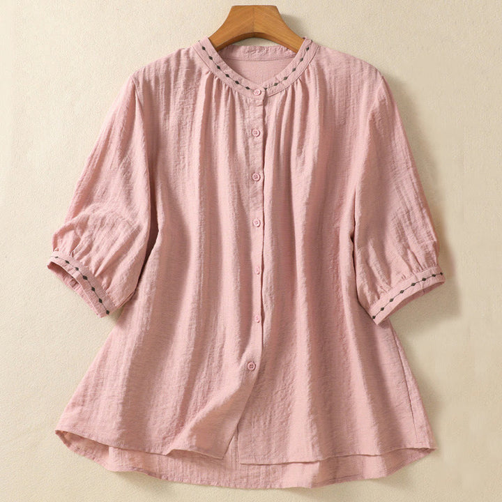 Buddha Stones刺繍デザインコットンボタンレディースクルーネックシャツ - ピンク - US14、 UK/AU18、 EU46 (2XL) - image 10