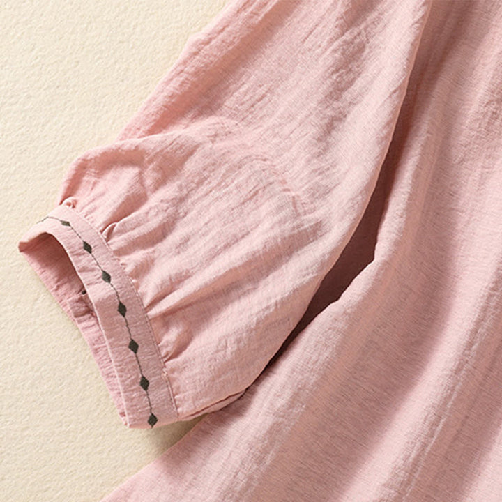 Buddha Stones刺繍デザインコットンボタンレディースクルーネックシャツ - image 15