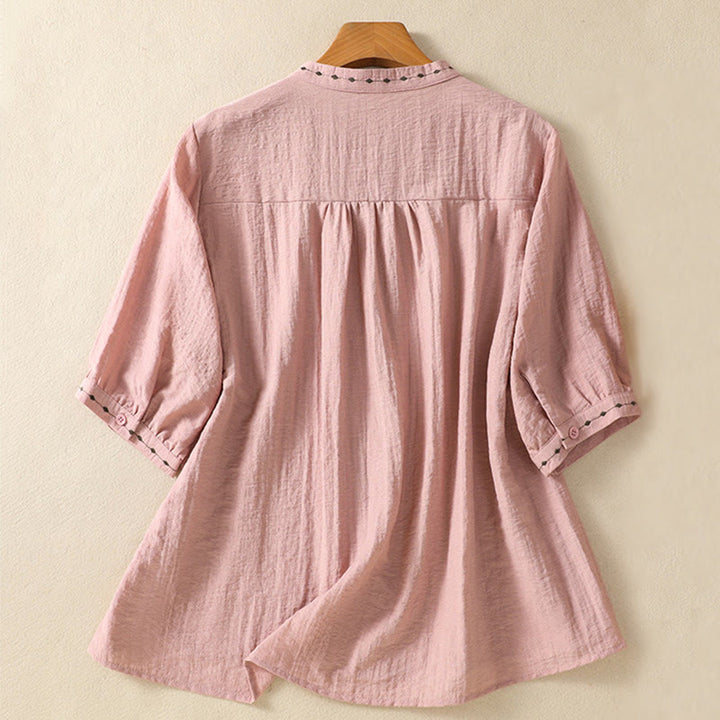 Buddha Stones刺繍デザインコットンボタンレディースクルーネックシャツ - image 11