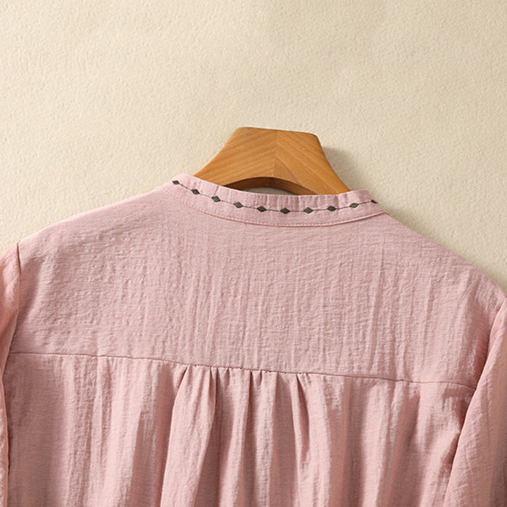 Buddha Stones刺繍デザインコットンボタンレディースクルーネックシャツ - image 13