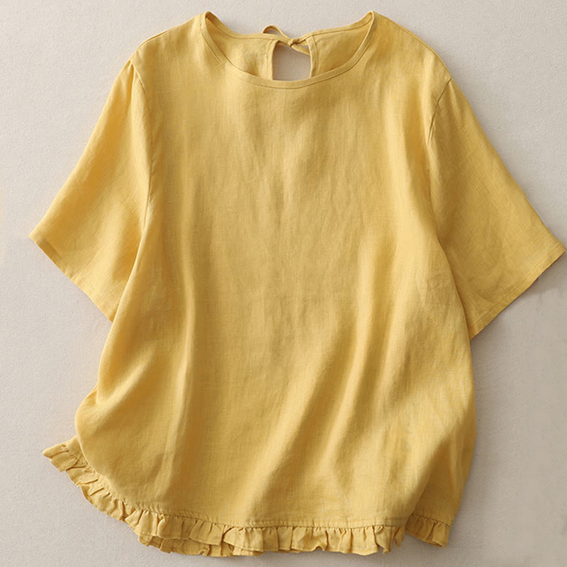 Buddha Stonesカジュアル 無地 フリルヘム クルーネック タイ レディース ポリエステル Tシャツ - 金 - US8-10，UK/AU12-14，EU40-42 (2XL) - image 1