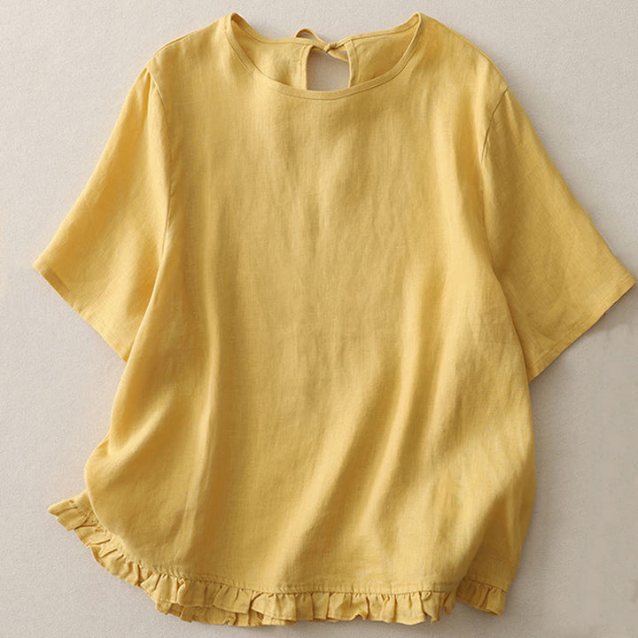 Buddha Stonesカジュアル 無地 フリルヘム クルーネック タイ レディース ポリエステル Tシャツ - 金 - US8-10，UK/AU12-14，EU40-42 (2XL) - image 1