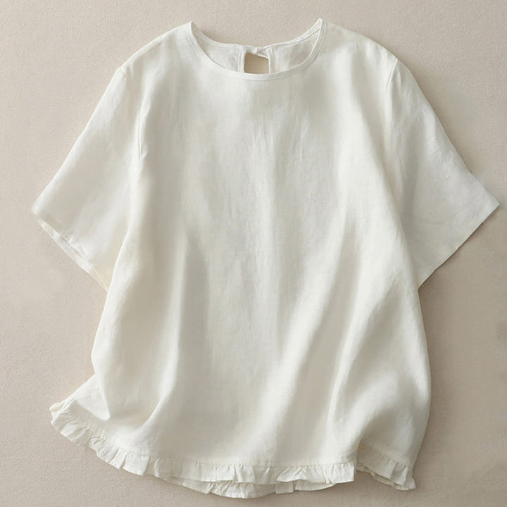 Buddha Stonesカジュアル 無地 フリルヘム クルーネック タイ レディース ポリエステル Tシャツ - image 8